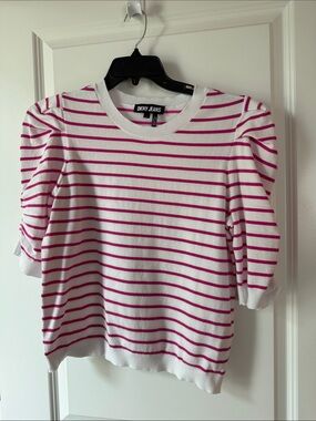 DKNY White Top with Hot Pink Stripes and Puff Sleeves